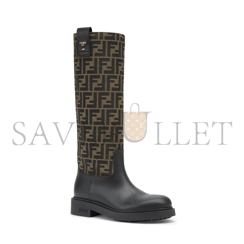 FENDI FILO BLACK LEATHER AND BROWN FF FABRIC BOOTS 8W8574AHGYF0PMM FENDI FILO BLACK LEATHER AND BROWN FF FABRIC BOOTS 8W8574AHGYF0PMM